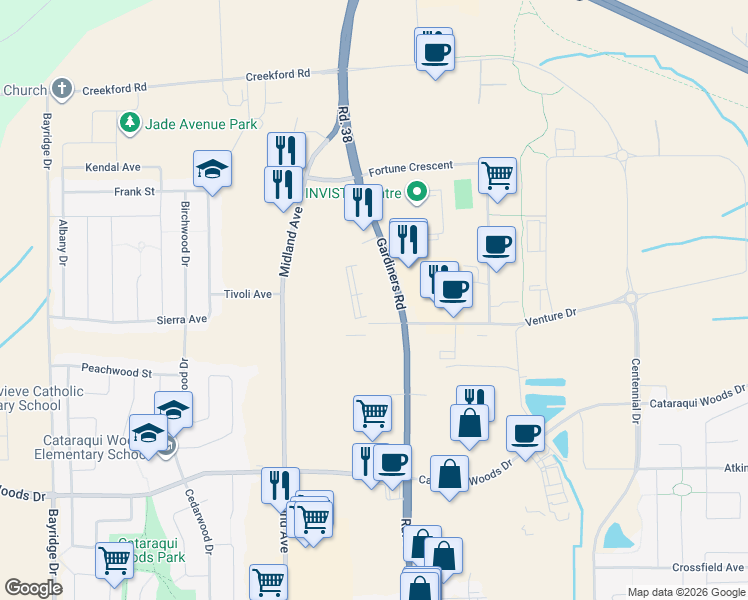 map of restaurants, bars, coffee shops, grocery stores, and more near 1287 Gardiners Road in Kingston