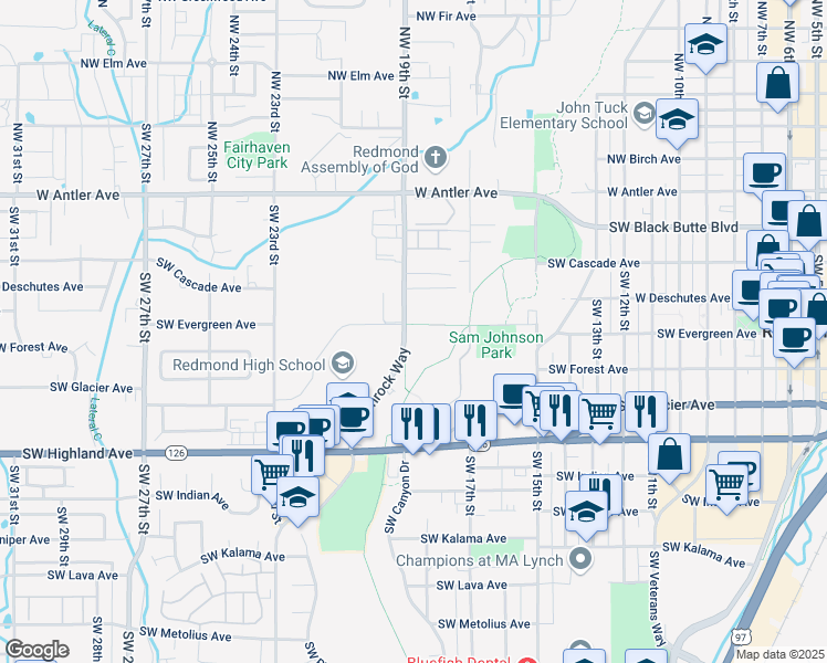 map of restaurants, bars, coffee shops, grocery stores, and more near 600-628 Southwest Rimrock Way in Redmond
