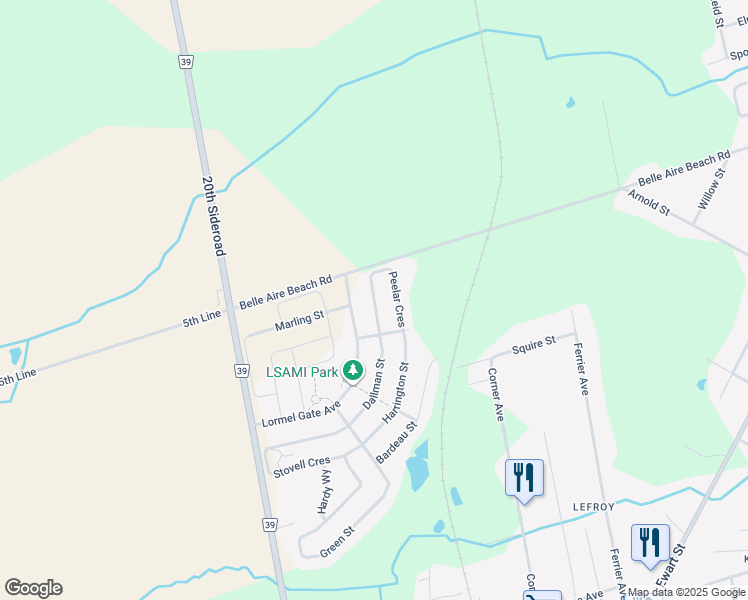 map of restaurants, bars, coffee shops, grocery stores, and more near Peelar Crescent in Innisfil