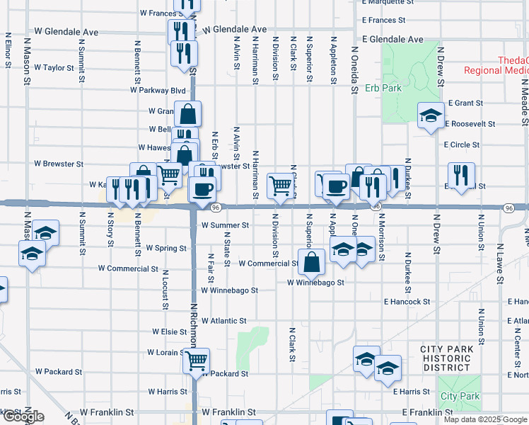 map of restaurants, bars, coffee shops, grocery stores, and more near 415 West Wisconsin Avenue in Appleton