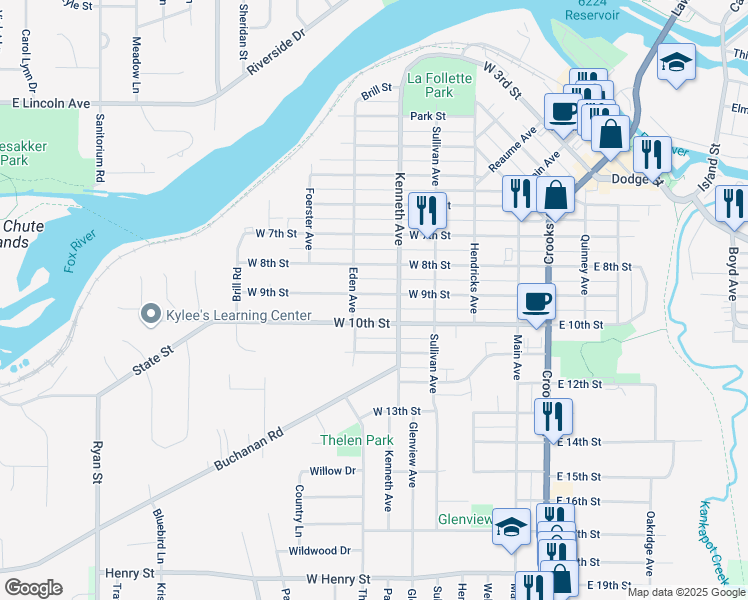 map of restaurants, bars, coffee shops, grocery stores, and more near 419 West 9th Street in Kaukauna