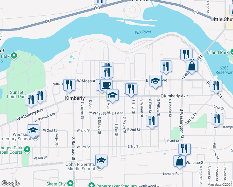 map of restaurants, bars, coffee shops, grocery stores, and more near 109 North Elm Street in Kimberly