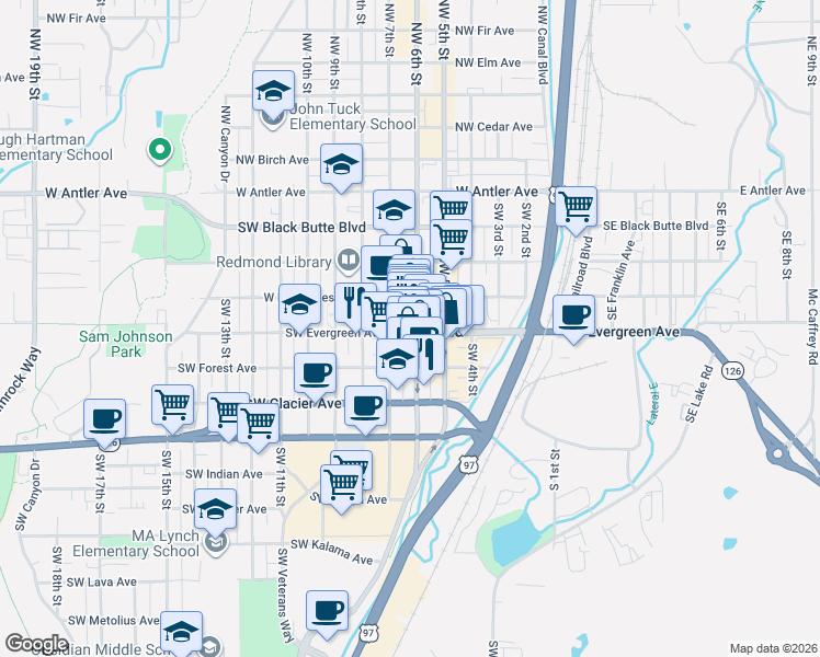map of restaurants, bars, coffee shops, grocery stores, and more near 621 Southwest Evergreen Avenue in Redmond