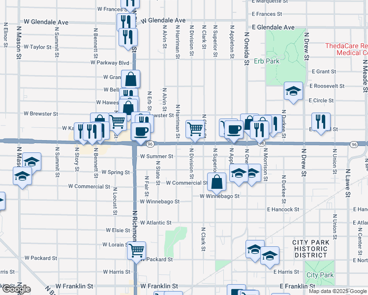 map of restaurants, bars, coffee shops, grocery stores, and more near 415 West Wisconsin Avenue in Appleton