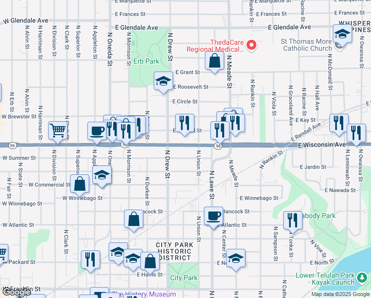 map of restaurants, bars, coffee shops, grocery stores, and more near 501 East Wisconsin Avenue in Appleton