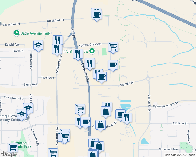 map of restaurants, bars, coffee shops, grocery stores, and more near 623 Fortune Crescent in Kingston