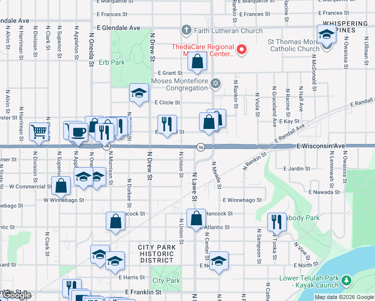 map of restaurants, bars, coffee shops, grocery stores, and more near 615 East Wisconsin Avenue in Appleton