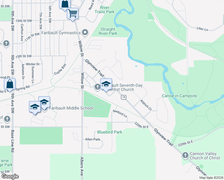 map of restaurants, bars, coffee shops, grocery stores, and more near 1394 Glynview Trail in Faribault