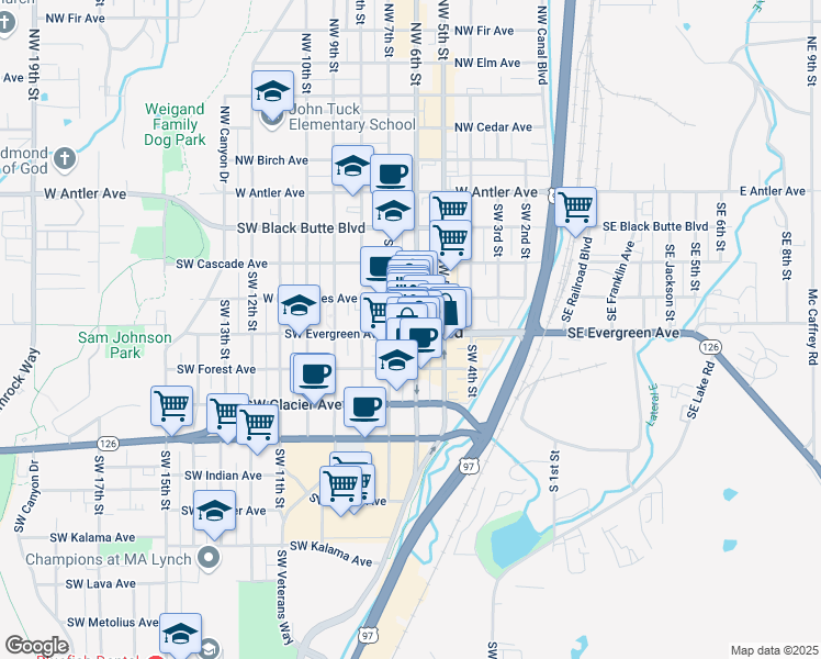 map of restaurants, bars, coffee shops, grocery stores, and more near 511 Southwest 6th Street in Redmond