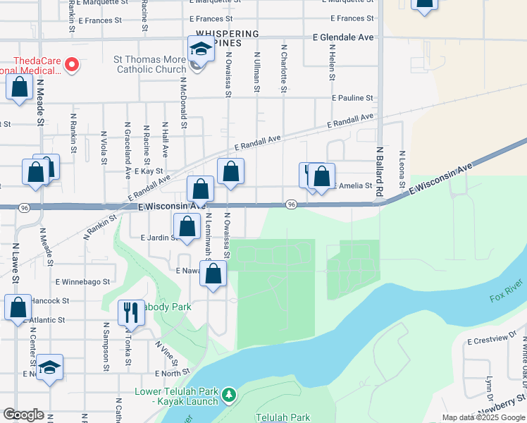 map of restaurants, bars, coffee shops, grocery stores, and more near 1425 East Wisconsin Avenue in Appleton