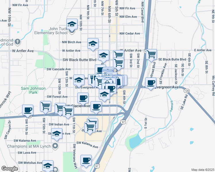 map of restaurants, bars, coffee shops, grocery stores, and more near in Redmond