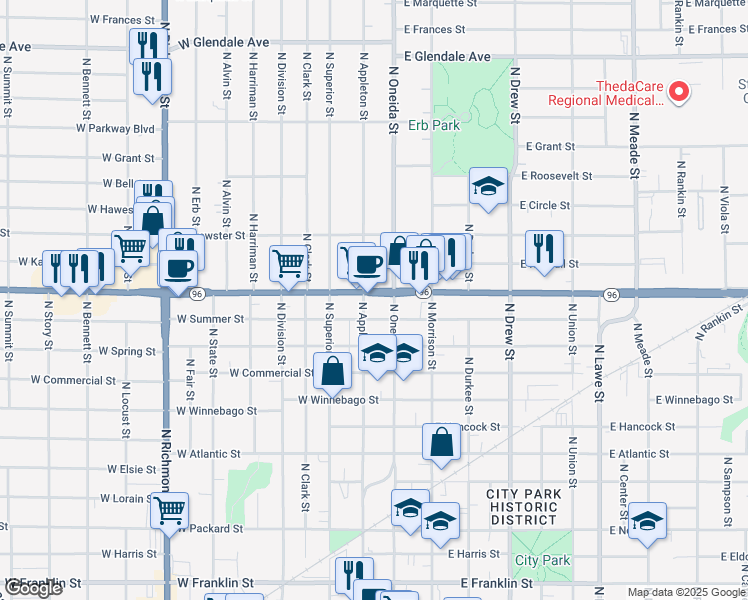 map of restaurants, bars, coffee shops, grocery stores, and more near 119 West Wisconsin Avenue in Appleton