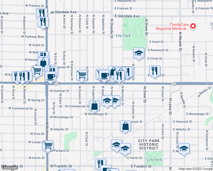 map of restaurants, bars, coffee shops, grocery stores, and more near 119 West Wisconsin Avenue in Appleton