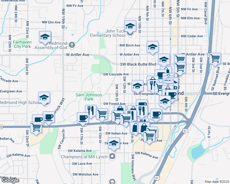 map of restaurants, bars, coffee shops, grocery stores, and more near 1307 West Evergreen Avenue in Redmond