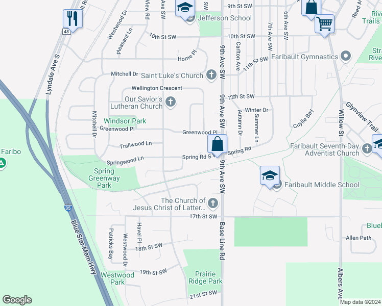 map of restaurants, bars, coffee shops, grocery stores, and more near 906 Spring Road in Faribault