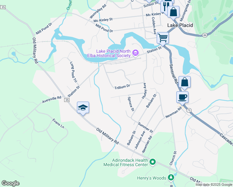 map of restaurants, bars, coffee shops, grocery stores, and more near 32-48 Cherry Street in Lake Placid
