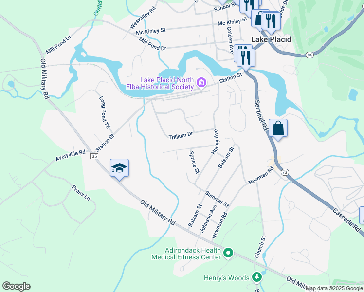 map of restaurants, bars, coffee shops, grocery stores, and more near 32 Cherry Street in Lake Placid