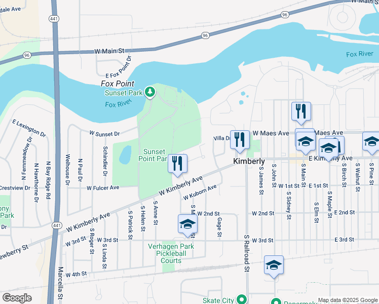 map of restaurants, bars, coffee shops, grocery stores, and more near 318 Parkside Court in Kimberly