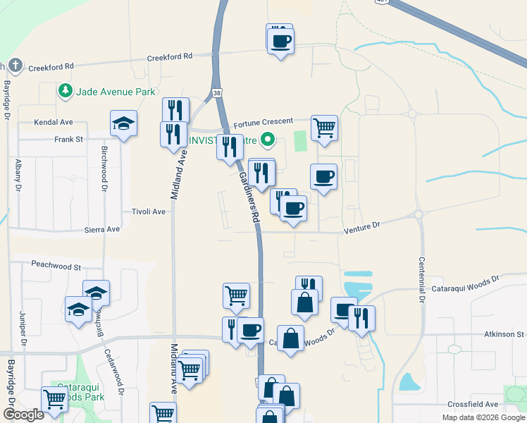 map of restaurants, bars, coffee shops, grocery stores, and more near 625 Fortune Crescent in Kingston