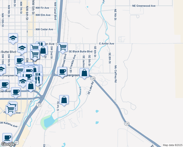 map of restaurants, bars, coffee shops, grocery stores, and more near 604 Southeast Evergreen Avenue in Redmond