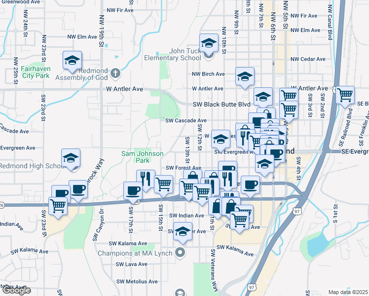 map of restaurants, bars, coffee shops, grocery stores, and more near 1307 West Evergreen Avenue in Redmond
