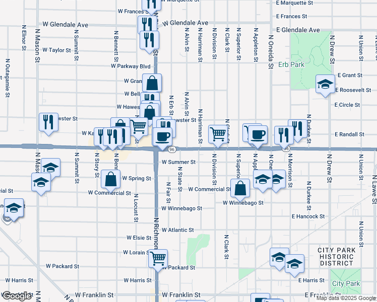 map of restaurants, bars, coffee shops, grocery stores, and more near 519 West Wisconsin Avenue in Appleton