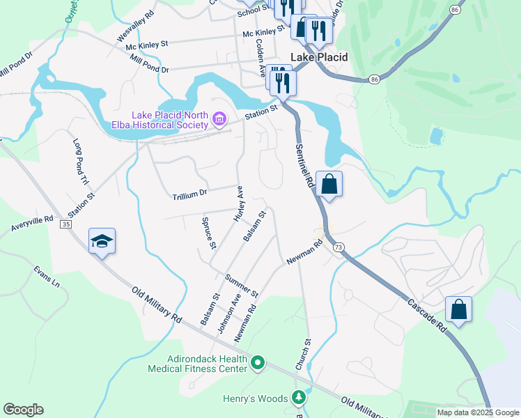 map of restaurants, bars, coffee shops, grocery stores, and more near 100 Balsam Street in Lake Placid