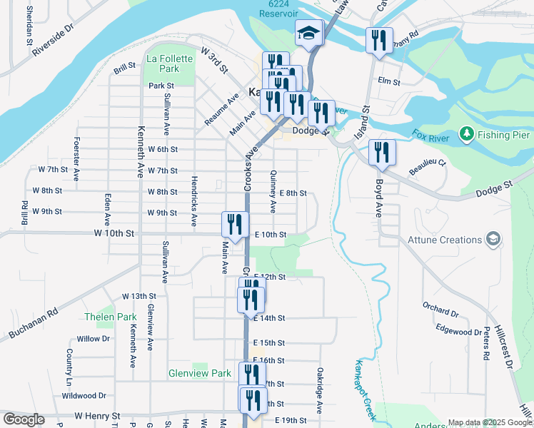map of restaurants, bars, coffee shops, grocery stores, and more near 303 East 9th Street in Kaukauna