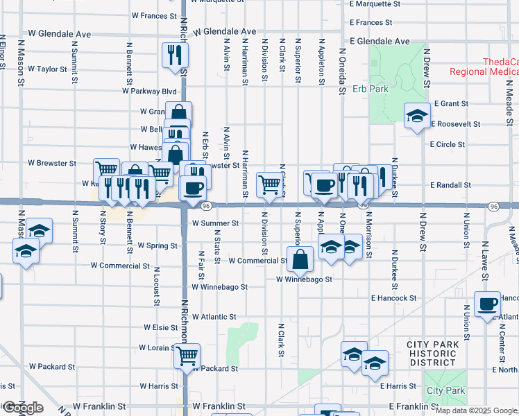 map of restaurants, bars, coffee shops, grocery stores, and more near 415 West Wisconsin Avenue in Appleton