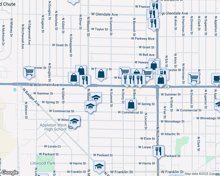map of restaurants, bars, coffee shops, grocery stores, and more near 1032 West Summer Street in Appleton