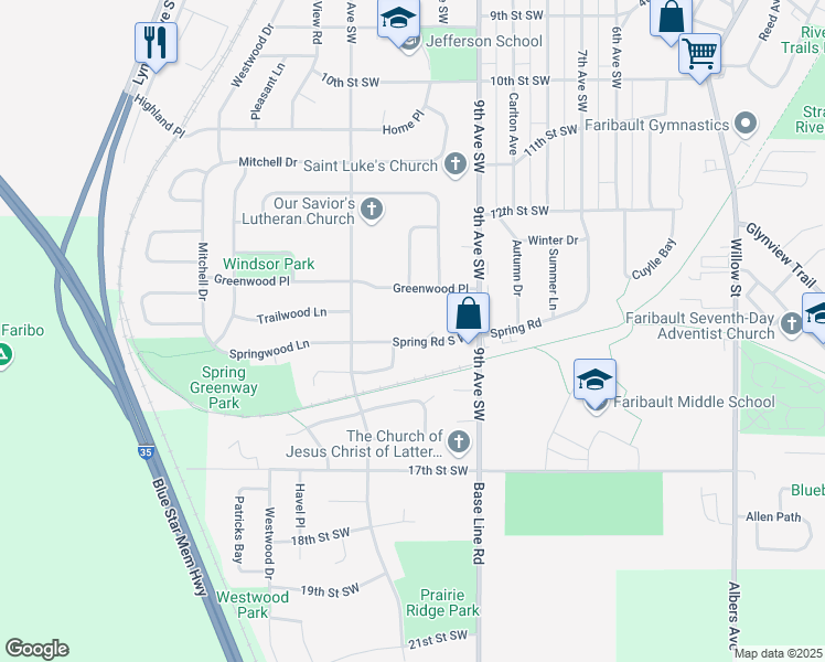 map of restaurants, bars, coffee shops, grocery stores, and more near 906 Spring Road in Faribault