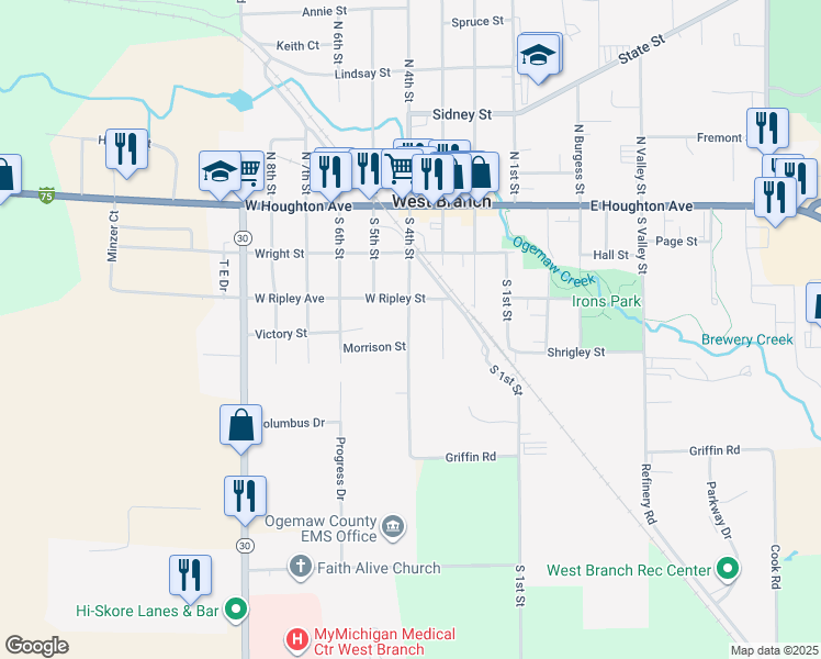 map of restaurants, bars, coffee shops, grocery stores, and more near 400 South 4th Street in West Branch