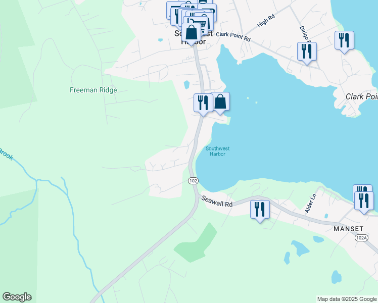 map of restaurants, bars, coffee shops, grocery stores, and more near in Southwest Harbor