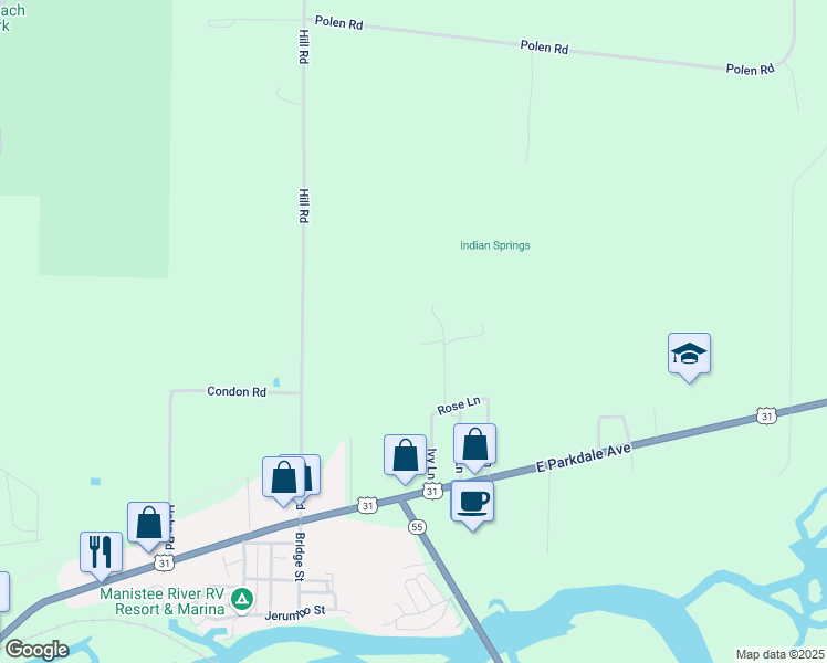 map of restaurants, bars, coffee shops, grocery stores, and more near 258-298 Rose Lane in Manistee