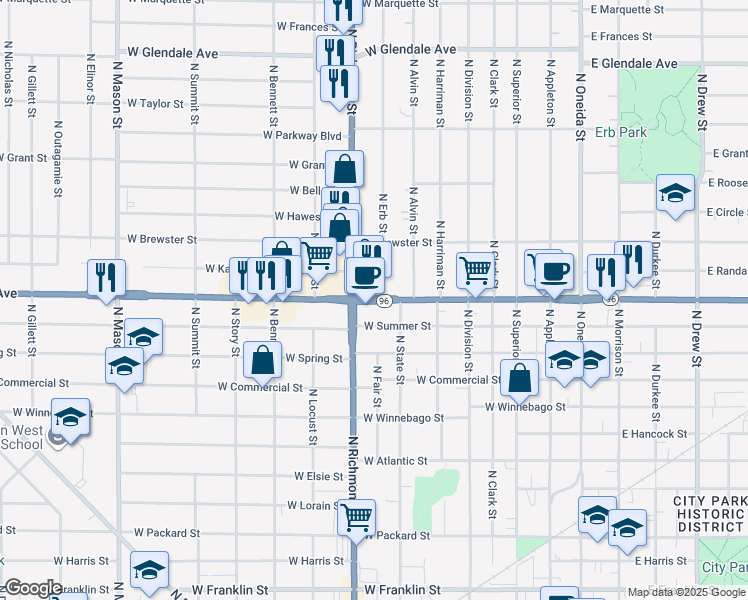 map of restaurants, bars, coffee shops, grocery stores, and more near 625 W Wisconsin Ave in Appleton