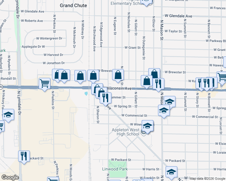 map of restaurants, bars, coffee shops, grocery stores, and more near 1708 West Summer Street in Appleton