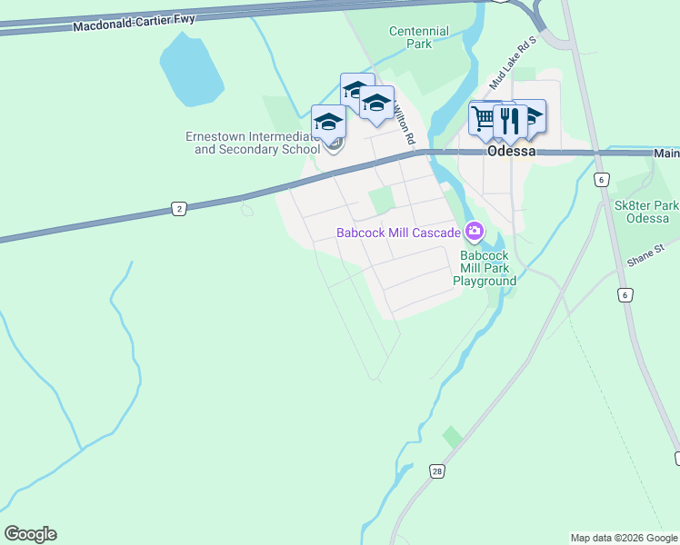map of restaurants, bars, coffee shops, grocery stores, and more near 66 Dusenbury Drive in Lennox and Addington County