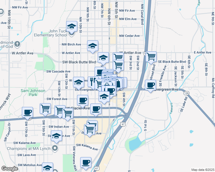 map of restaurants, bars, coffee shops, grocery stores, and more near in Redmond