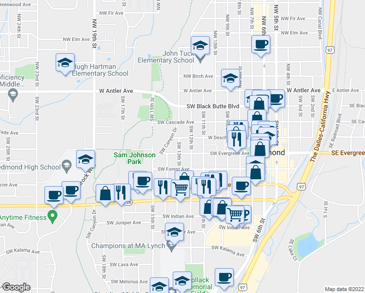 map of restaurants, bars, coffee shops, grocery stores, and more near 434 Southwest 13th Street in Redmond