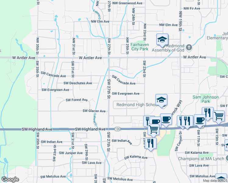 map of restaurants, bars, coffee shops, grocery stores, and more near 2624 Southwest Evergreen Avenue in Redmond