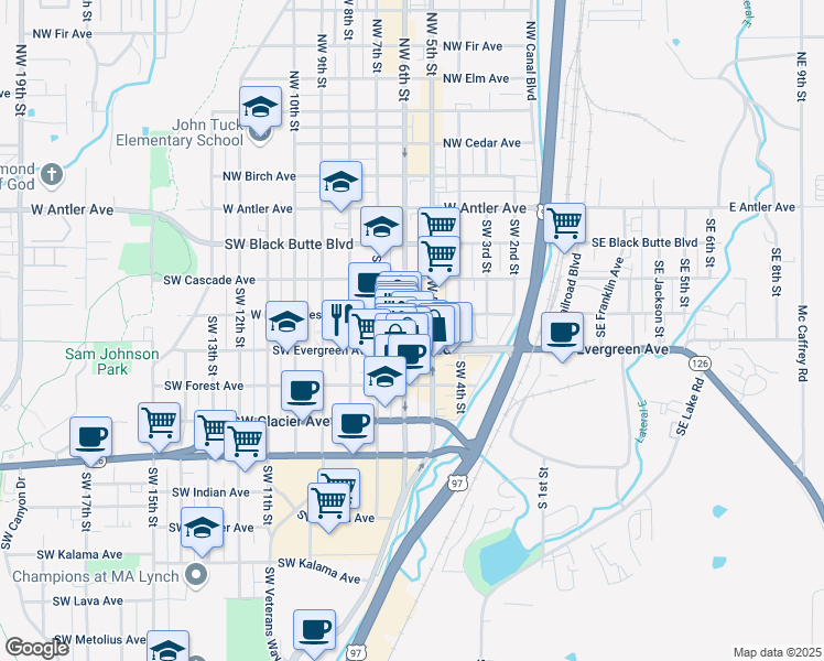 map of restaurants, bars, coffee shops, grocery stores, and more near in Redmond