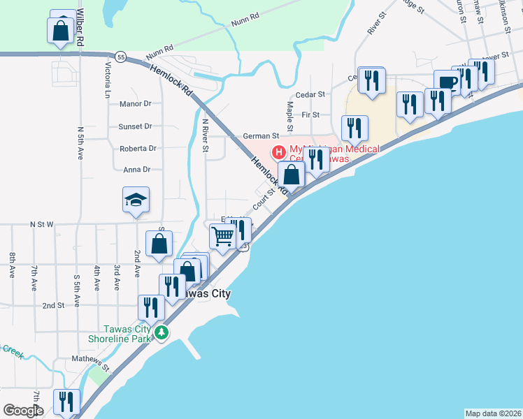 map of restaurants, bars, coffee shops, grocery stores, and more near 103-199 East Lake Street in Tawas City