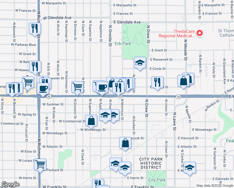 map of restaurants, bars, coffee shops, grocery stores, and more near 1208 1/2 North Oneida Street in Appleton