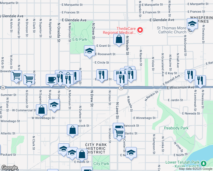 map of restaurants, bars, coffee shops, grocery stores, and more near 501 East Wisconsin Avenue in Appleton
