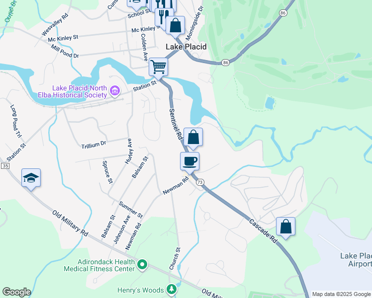 map of restaurants, bars, coffee shops, grocery stores, and more near 5982 Sentinel Road in Lake Placid