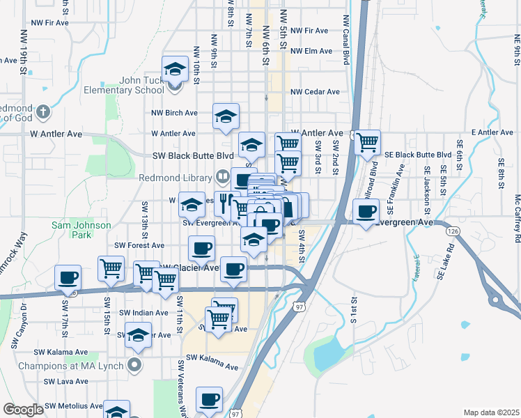 map of restaurants, bars, coffee shops, grocery stores, and more near in Redmond