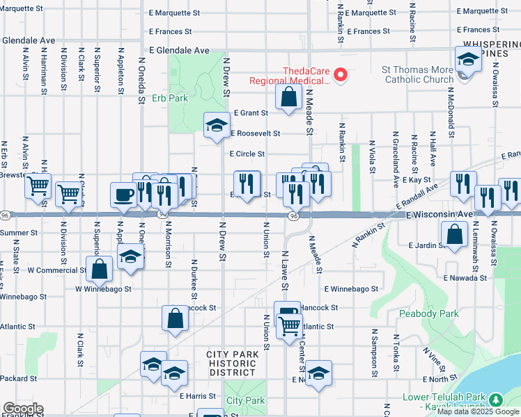 map of restaurants, bars, coffee shops, grocery stores, and more near 1208 North Union Street in Appleton