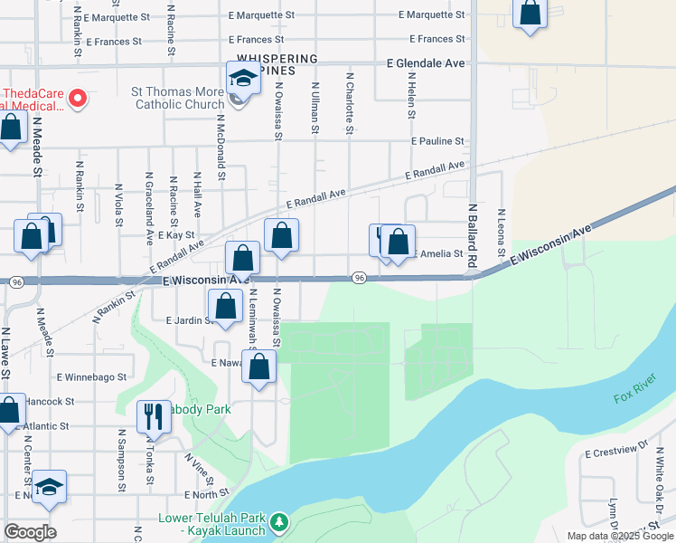 map of restaurants, bars, coffee shops, grocery stores, and more near 1425 East Wisconsin Avenue in Appleton