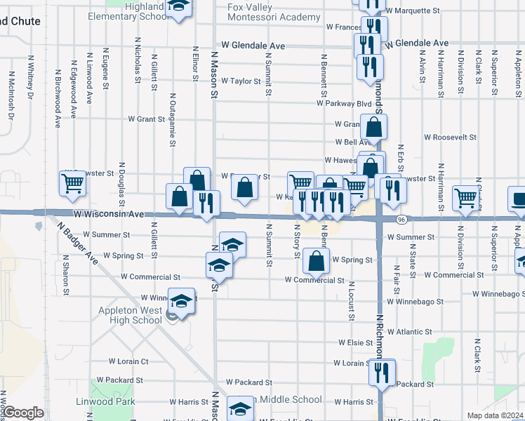 map of restaurants, bars, coffee shops, grocery stores, and more near 1124 West Kamps Avenue in Appleton