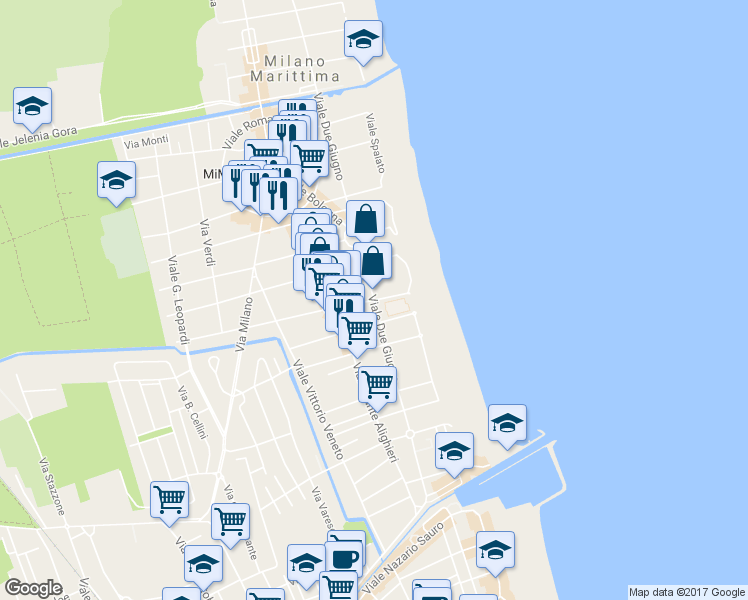 map of restaurants, bars, coffee shops, grocery stores, and more near 58 Viale II Giugno in Cervia